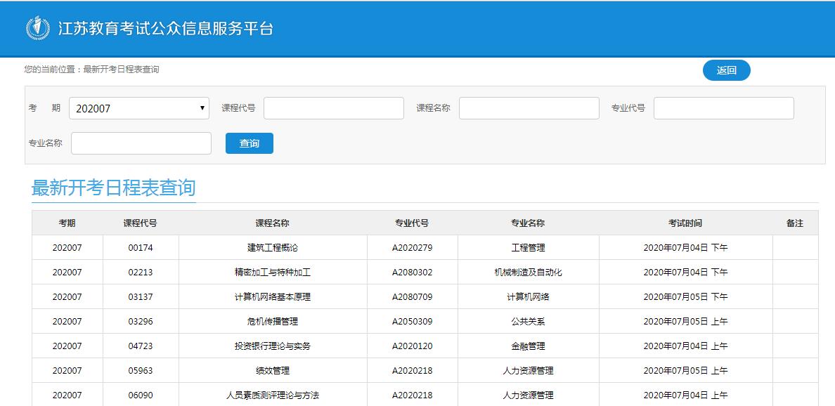 江蘇省2020年8月（原7月）自考科目安排時間表