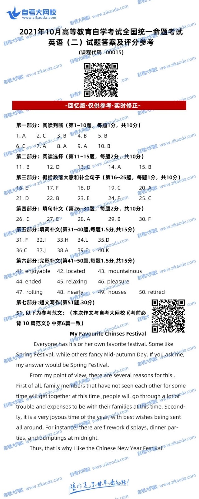 2021年10月自考00015英語二參考答案