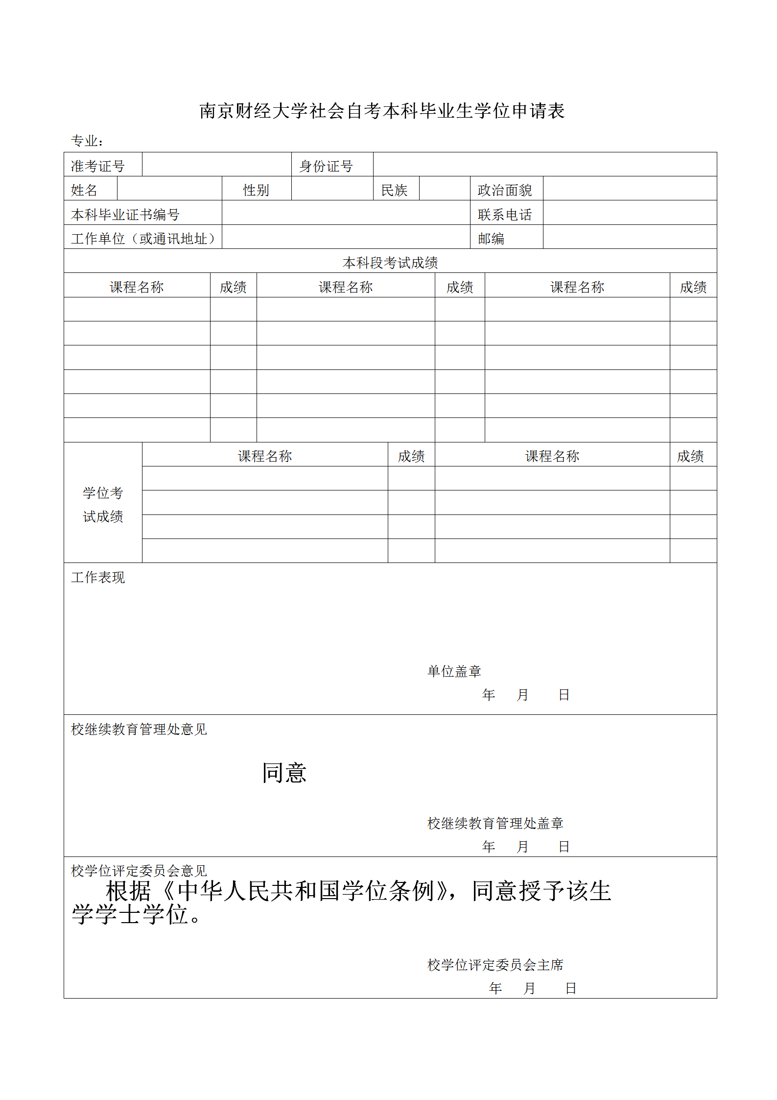 南京財(cái)經(jīng)大學(xué)社會(huì)自考本科畢業(yè)生學(xué)位申請(qǐng)表