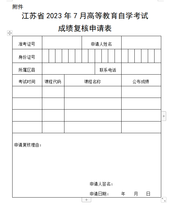 江蘇省2023年7月自考成績復核申請表